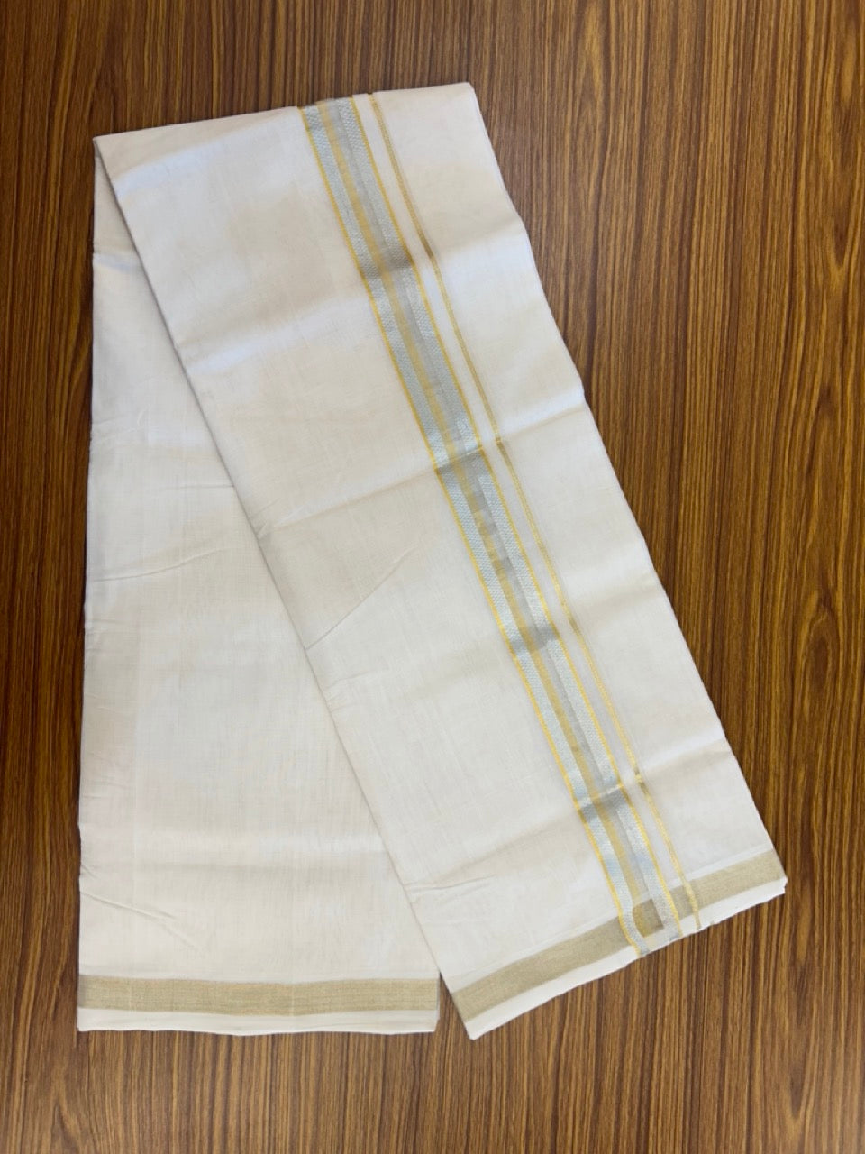 25% DISCOUNT ! KaithariKada HANDLOOM UNAKKUPAAV Balaramapuram - 100% PURE Cotton Off White - (Unbleached) Double Mundu/Dhoti - 80X90 - 1.5 inch Gold Kasavu & Silver Kasavu Jacquard Kara 4 mtr (8.5 muzham) - 49 KK5234 RAM