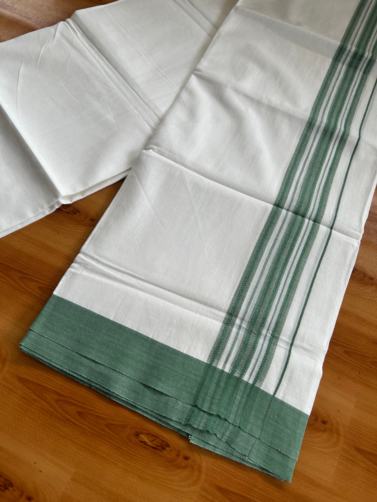 Pure White Double Mundu/Dhoti - 20% Discount ! Kaitharikada 100% Cotton - 100x80 - 1.75 inch Teal Green Striped Kara 3.80 mtr (8 muzham) - 8 KK5558 THI