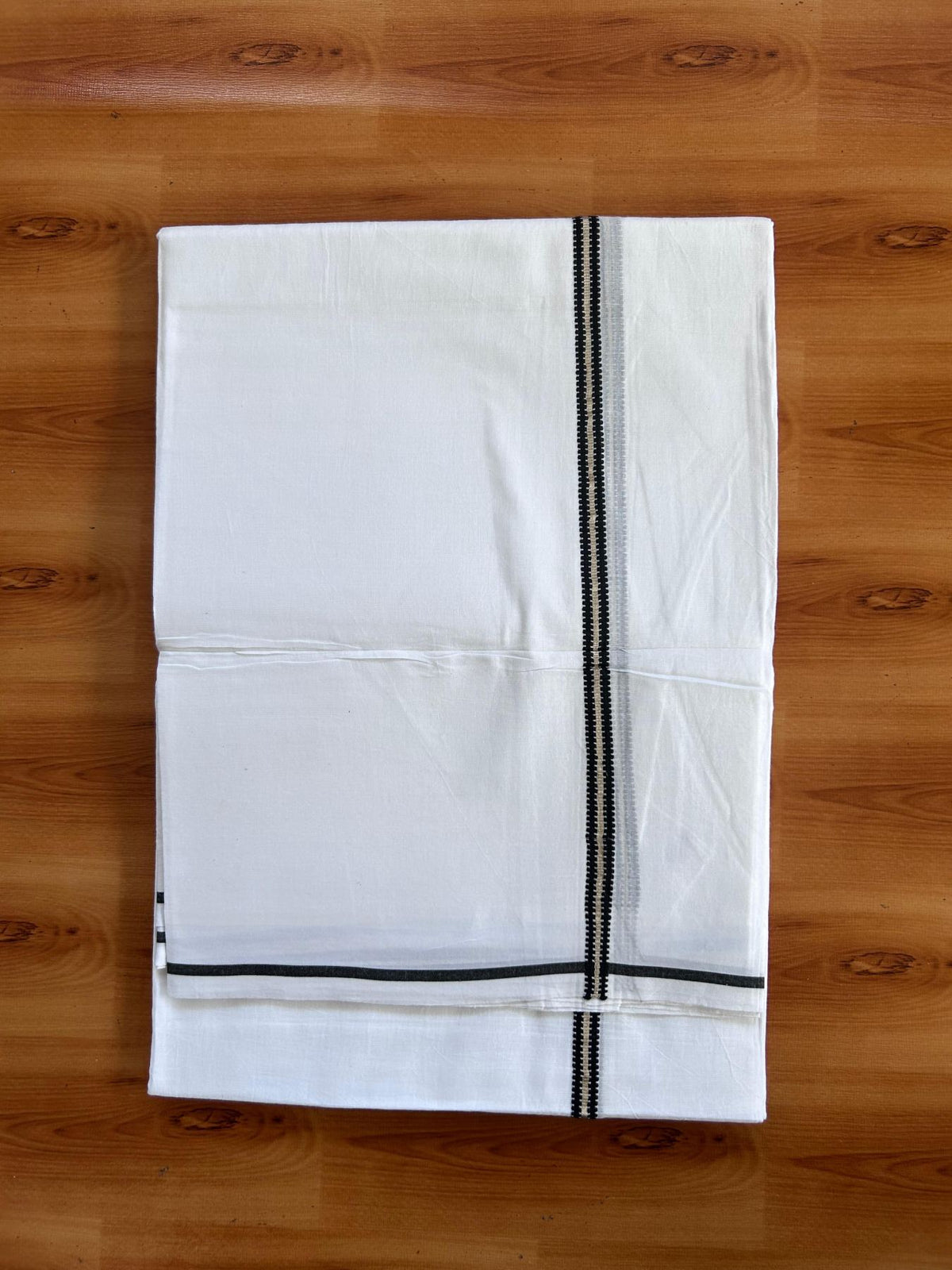 Pure White Double Mundu/Dhoti - 20% Discount ! Kaitharikada 100% Cotton  - 100x80 - 0.5 inch Silver Kasav & Black Stripes Kara 3.80 mtr (8 muzham) - 3 KK5513 MC