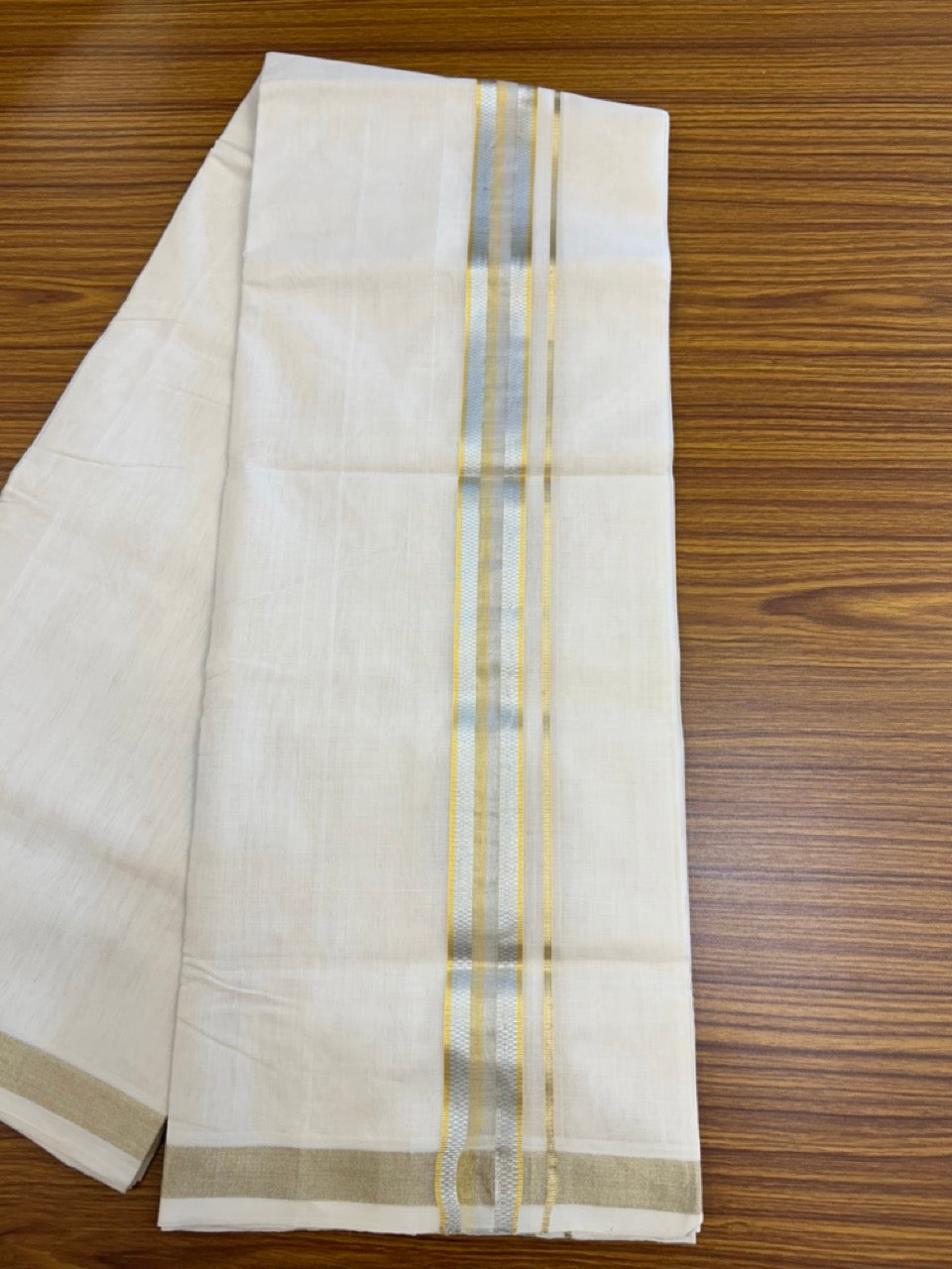 25% DISCOUNT ! KaithariKada HANDLOOM UNAKKUPAAV Balaramapuram - 100% PURE Cotton Off White - (Unbleached) Double Mundu/Dhoti - 80X90 - 1.5 inch Gold Kasavu & Silver Kasavu Jacquard Kara 4 mtr (8.5 muzham) - 49 KK5234 RAM