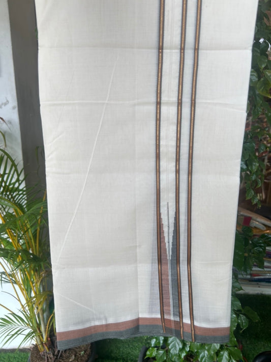 25% DISCOUNT!! KaithariKada HANDLOOM  UNAKKUPAAV Balaramapuram - 100% PURE Cotton OFF White - (Unbleached) Double Mundu/Dothi -  Kasavu 3 cm Brown & Ash black chutty 3.90 meter (8.5 Muzham) - 32KK5167REA