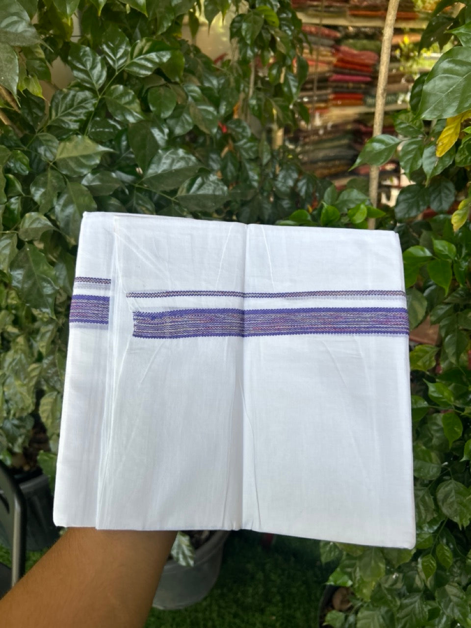 20% Discount ! Kaitharikada Balaramapuram 100% Cotton Pure White Rainbow Double Mundu/Dothi - 100x80 - 0.75 inch Indigo Blue & Multi colour Kara 3.80 mtr (8 muzham) - 29 KK5299 THI