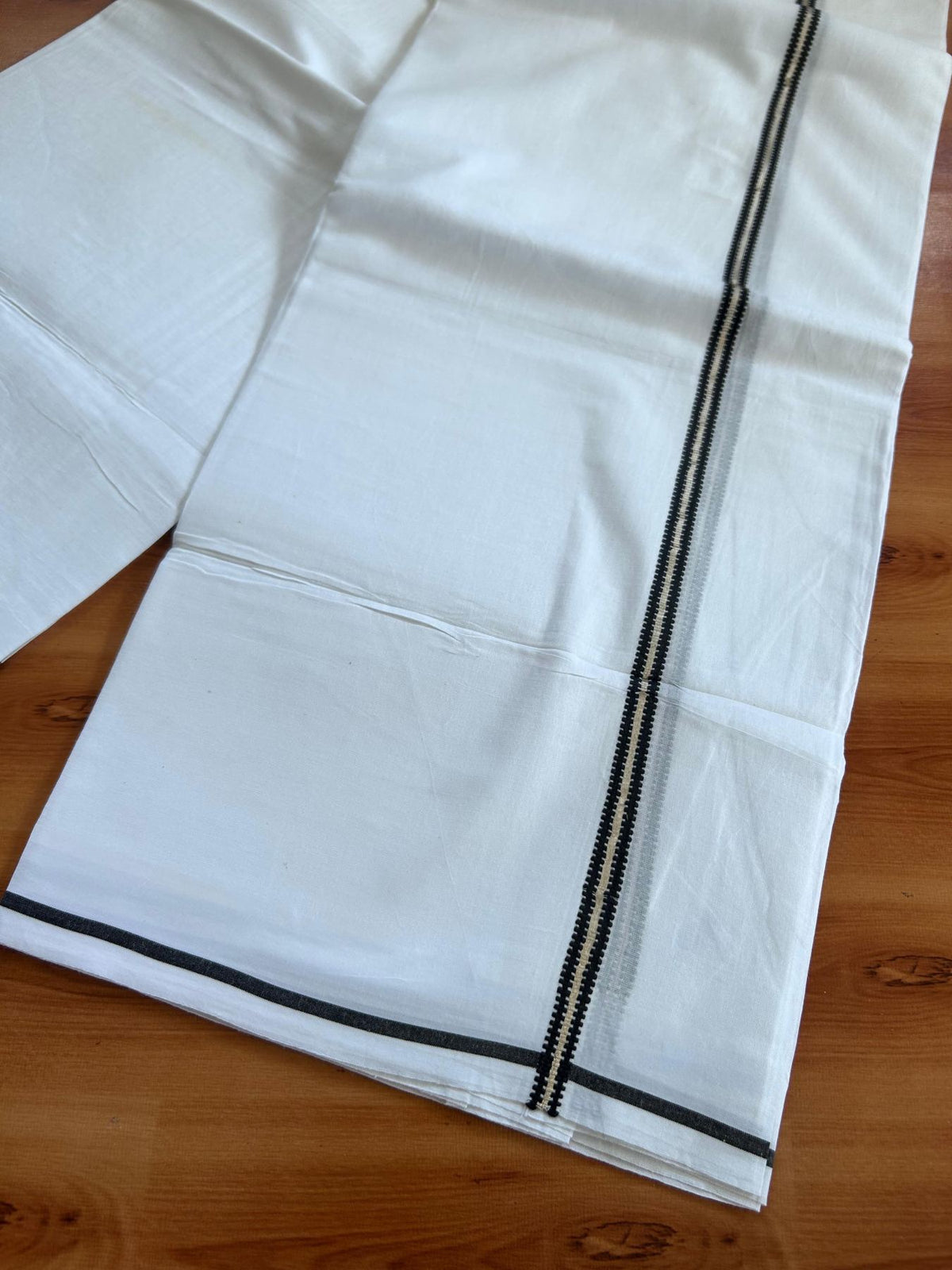 Pure White Double Mundu/Dhoti - 20% Discount ! Kaitharikada 100% Cotton  - 100x80 - 0.5 inch Silver Kasav & Black Stripes Kara 3.80 mtr (8 muzham) - 3 KK5513 MC