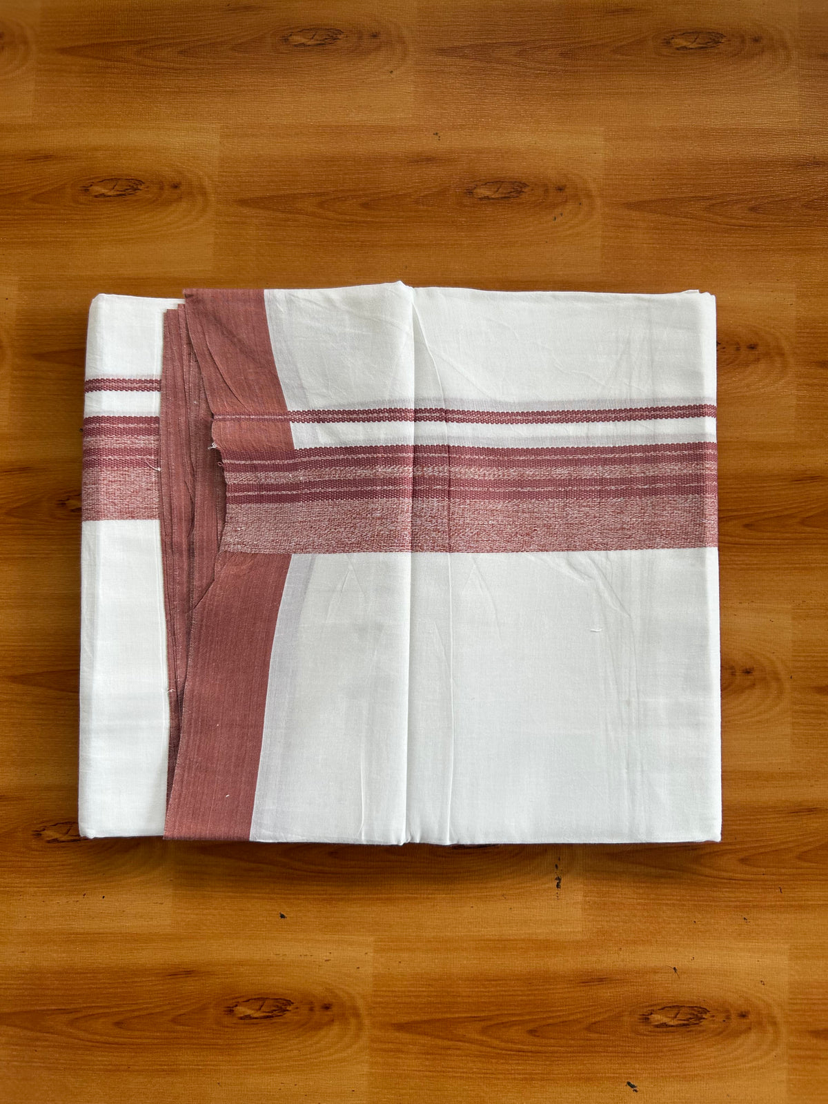 Pure White Double Mundu/Dhoti - 20% Discount ! Kaitharikada 100% Cotton - 100x80 - 1.75 inch Dark Peach Striped Kara 3.80 mtr (8 muzham) - 10 KK5558 THI