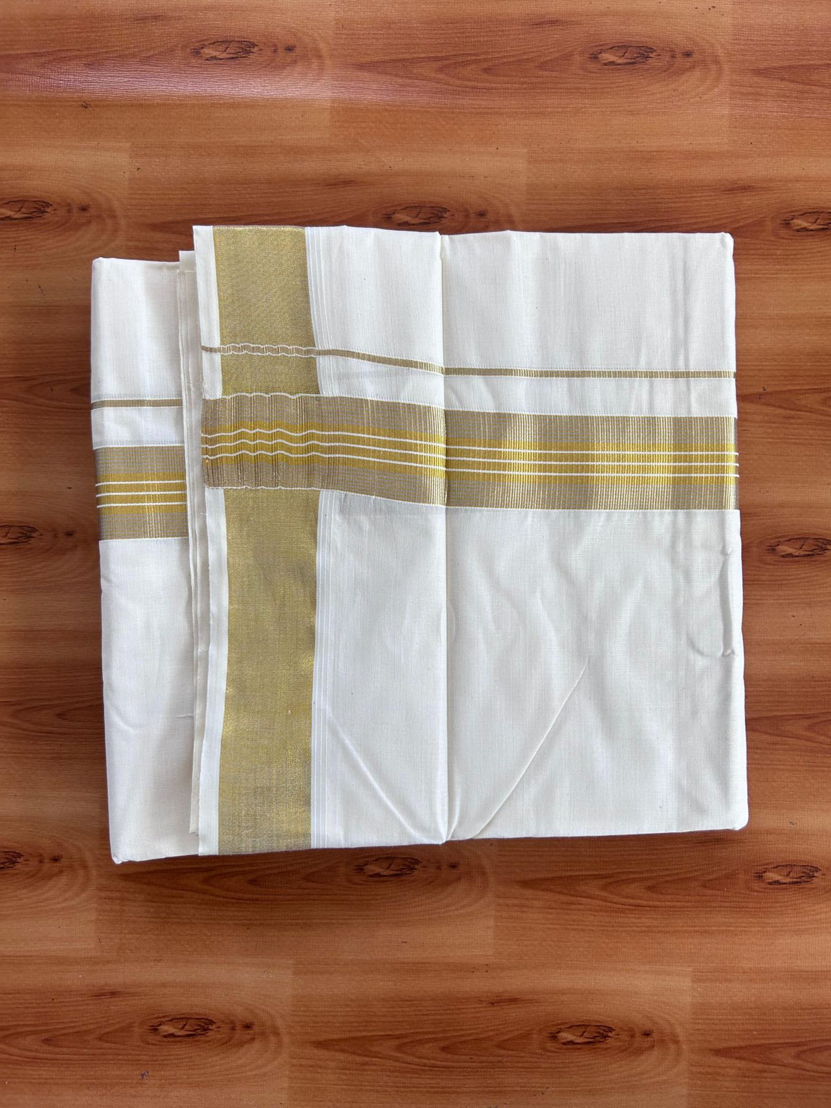 Off White (Unbleached) Double Mundu/Dhoti - 20% Discount ! KaithariKada Balaramapuram - 100% Pure Cotton - 100X80 - 1.5 inch Gold Kasav & Silver Kasav Striped Kara 4 mtr (8.5 Muzham) - 1 KK5513 MC