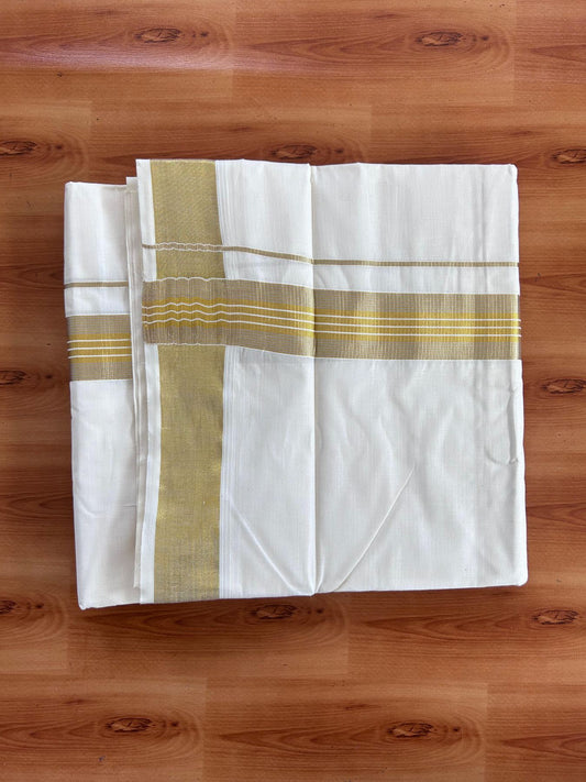 Off White (Unbleached) Double Mundu/Dhoti - 20% Discount ! KaithariKada Balaramapuram - 100% Pure Cotton - 100X80 - 1.5 inch Gold Kasav & Silver Kasav Striped Kara 4 mtr (8.5 Muzham) - 1 KK5513 MC