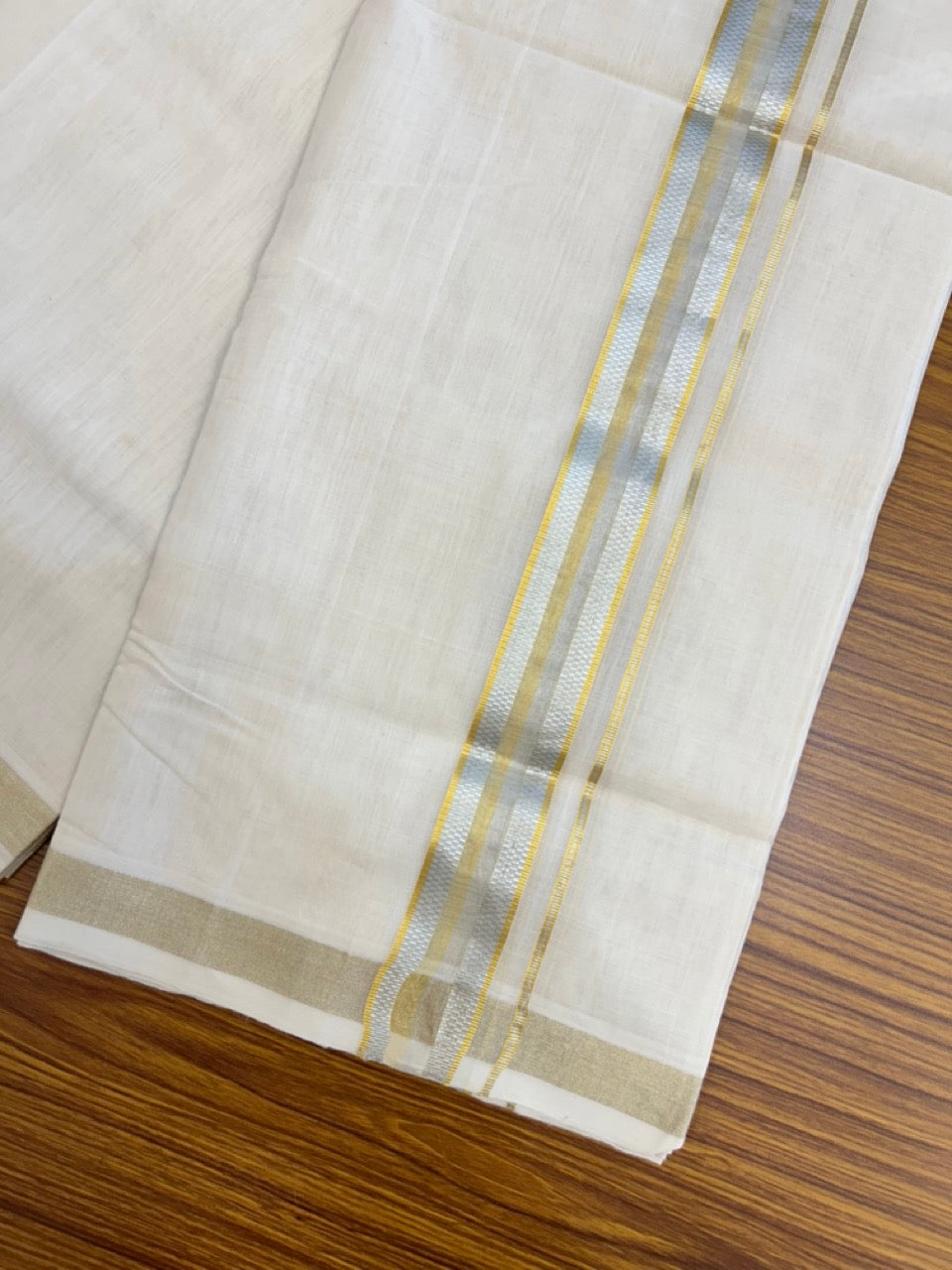 25% DISCOUNT ! KaithariKada HANDLOOM UNAKKUPAAV Balaramapuram - 100% PURE Cotton Off White - (Unbleached) Double Mundu/Dhoti - 80X90 - 1.5 inch Gold Kasavu & Silver Kasavu Jacquard Kara 4 mtr (8.5 muzham) - 49 KK5234 RAM