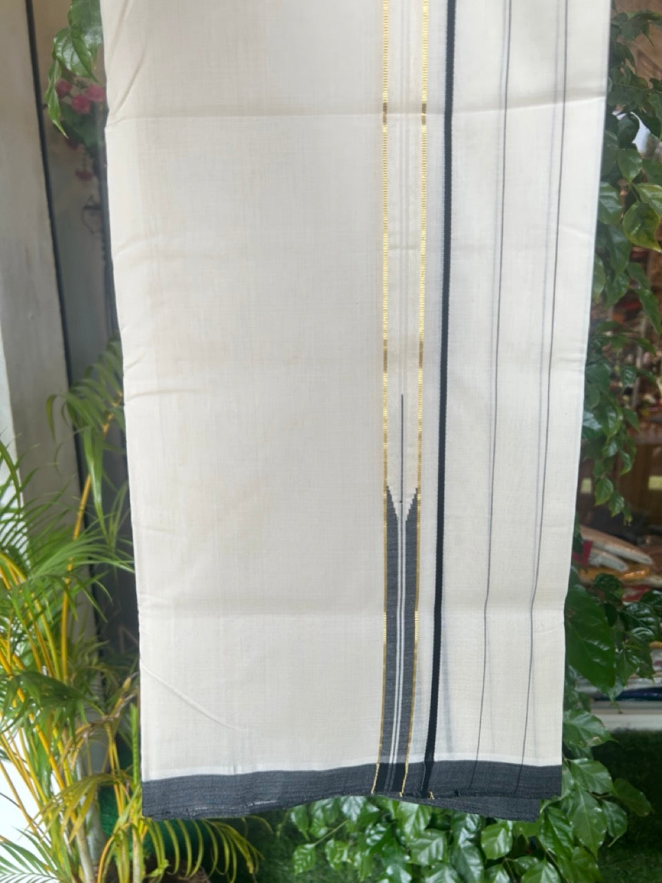 25% DISCOUNT!! KaithariKada HANDLOOM  UNAKKUPAAV Balaramapuram - 100% PURE Cotton OFF White - (Unbleached) Double Mundu/Dothi -  100x100 - PURE KASAVU 6 inch Black stripes puliyilakkara chutty 3.80 meter (8.5 Muzham) - 26KK5167REA