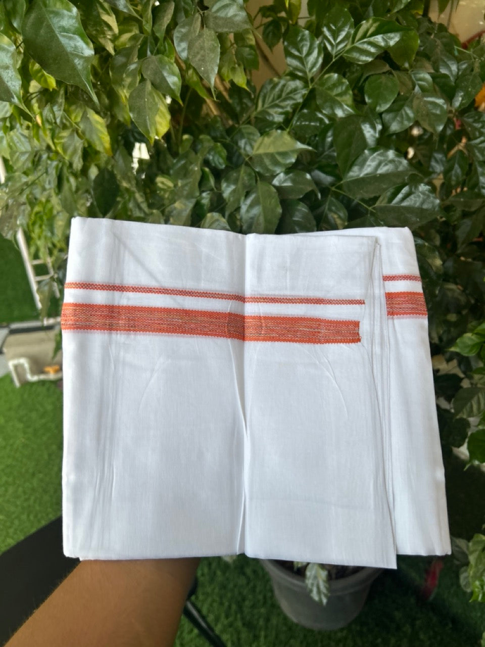 20% Discount ! Kaitharikada Balaramapuram 100% Cotton Pure White Double Rainbow Mundu/Dothi - 100x80 - 0.75 inch Orange & Multi colour Kara 3.80 mtr (8 muzham) - 27 KK5299 THI