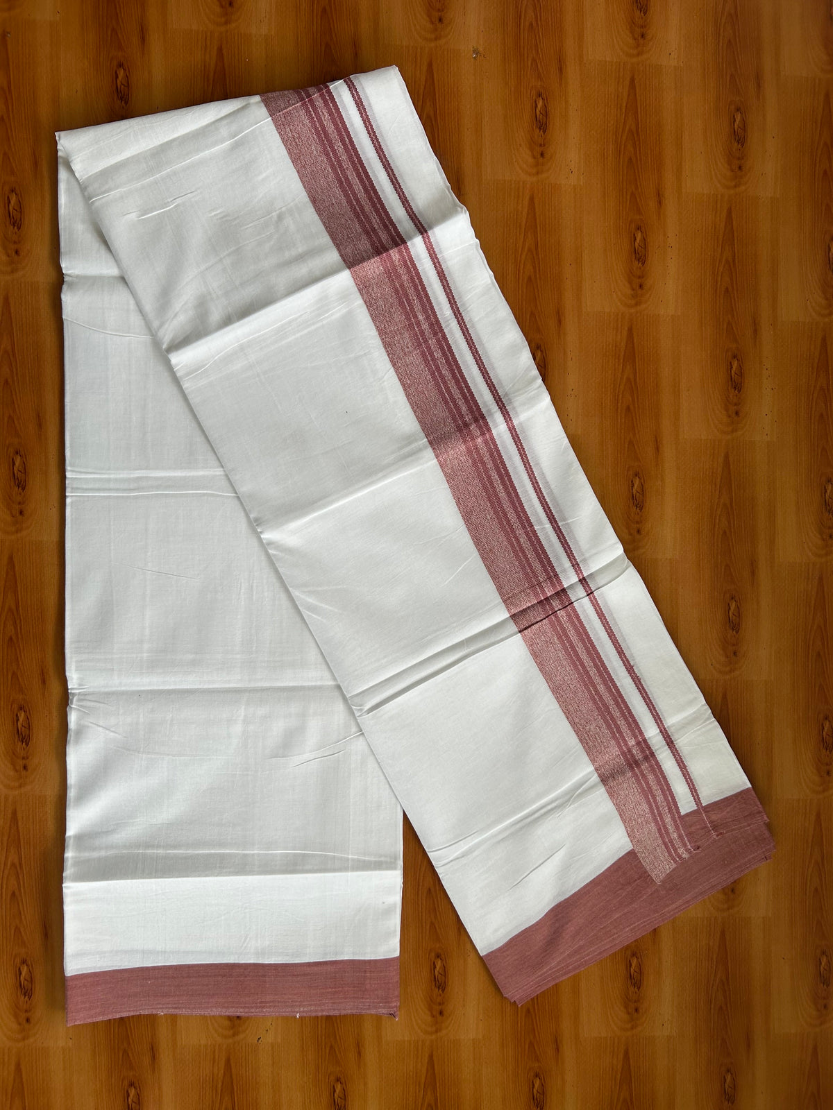 Pure White Double Mundu/Dhoti - 20% Discount ! Kaitharikada 100% Cotton - 100x80 - 1.75 inch Dark Peach Striped Kara 3.80 mtr (8 muzham) - 10 KK5558 THI