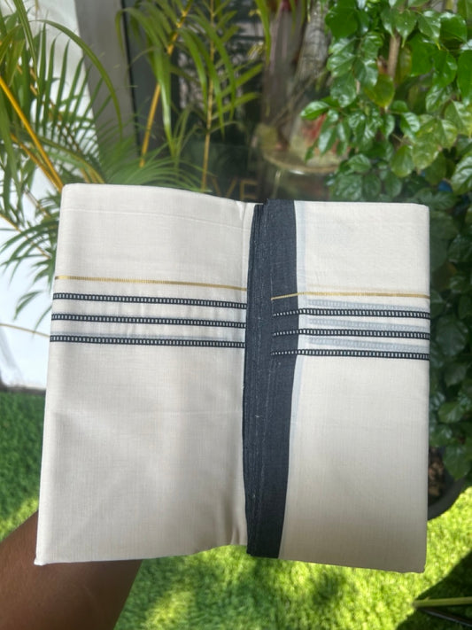 25% DISCOUNT!! KaithariKada HANDLOOM  UNAKKUPAAV Balaramapuram - 100% PURE Cotton OFF White - (Unbleached) Double Mundu/Dothi -  PURE KASAVU 3 cm Black stripes pattern kara 3.90 meter (8.5 Muzham) - 30KK5167REA