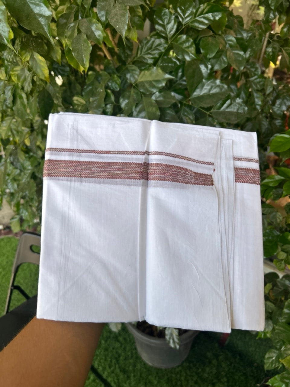 20% Discount ! Kaitharikada Balaramapuram 100% Cotton Pure White Double Rainbow Mundu/Dothi - 100x80 - 0.75 inch Brown & Multi colour Kara 3.80 mtr (8 muzham) - 24 KK5299 THI