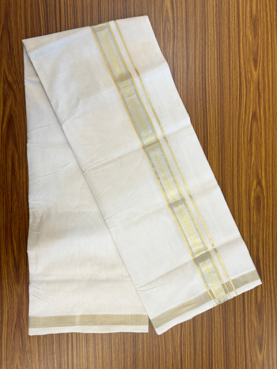 25% Discount ! KaithariKada HANDLOOM UNAKKUPAAV Balaramapuram - 100% PURE Cotton Off White - (Unbleached) Double Mundu/Dhoti - 80X90 - 1.5 inch Gold Kasavu & Silver Kasavu Jacquard Kara 4 mtr (8.5 muzham) - 50 KK5234 RAM