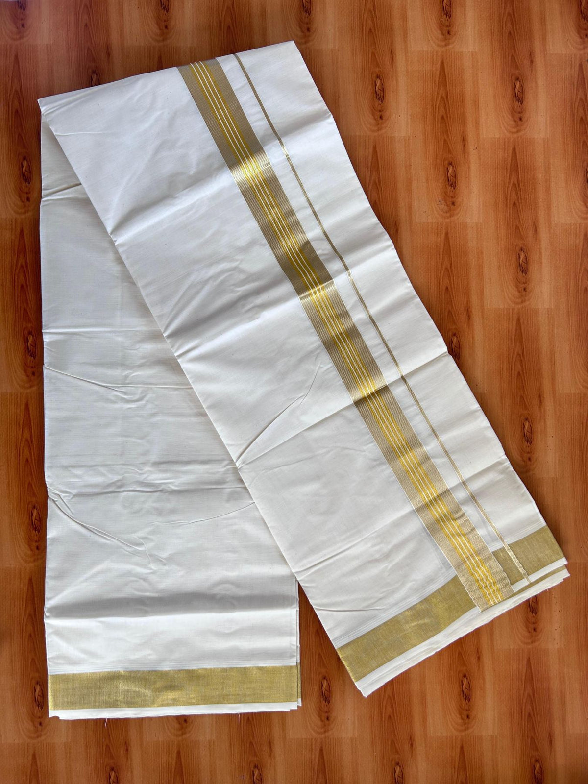 Off White (Unbleached) Double Mundu/Dhoti - 20% Discount ! KaithariKada Balaramapuram - 100% Pure Cotton - 100X80 - 1.5 inch Gold Kasav & Silver Kasav Striped Kara 4 mtr (8.5 Muzham) - 1 KK5513 MC
