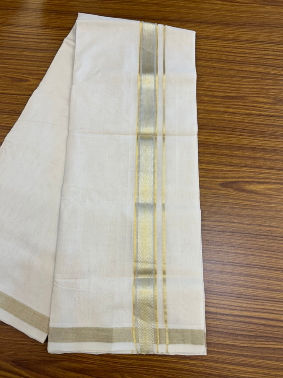 25% Discount ! KaithariKada HANDLOOM UNAKKUPAAV Balaramapuram - 100% PURE Cotton Off White - (Unbleached) Double Mundu/Dhoti - 80X90 - 1.5 inch Gold Kasavu & Silver Kasavu Jacquard Kara 4 mtr (8.5 muzham) - 50 KK5234 RAM