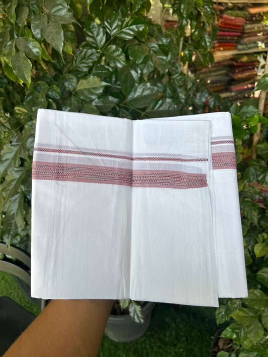 20% Discount ! Kaitharikada Balaramapuram 100% Cotton Pure White Rainbow Double Mundu/Dothi - 100x80 - 0.75 inch Dusty Rose & Multi colour Kara 3.80 mtr (8 muzham) - 31 KK5299 THI