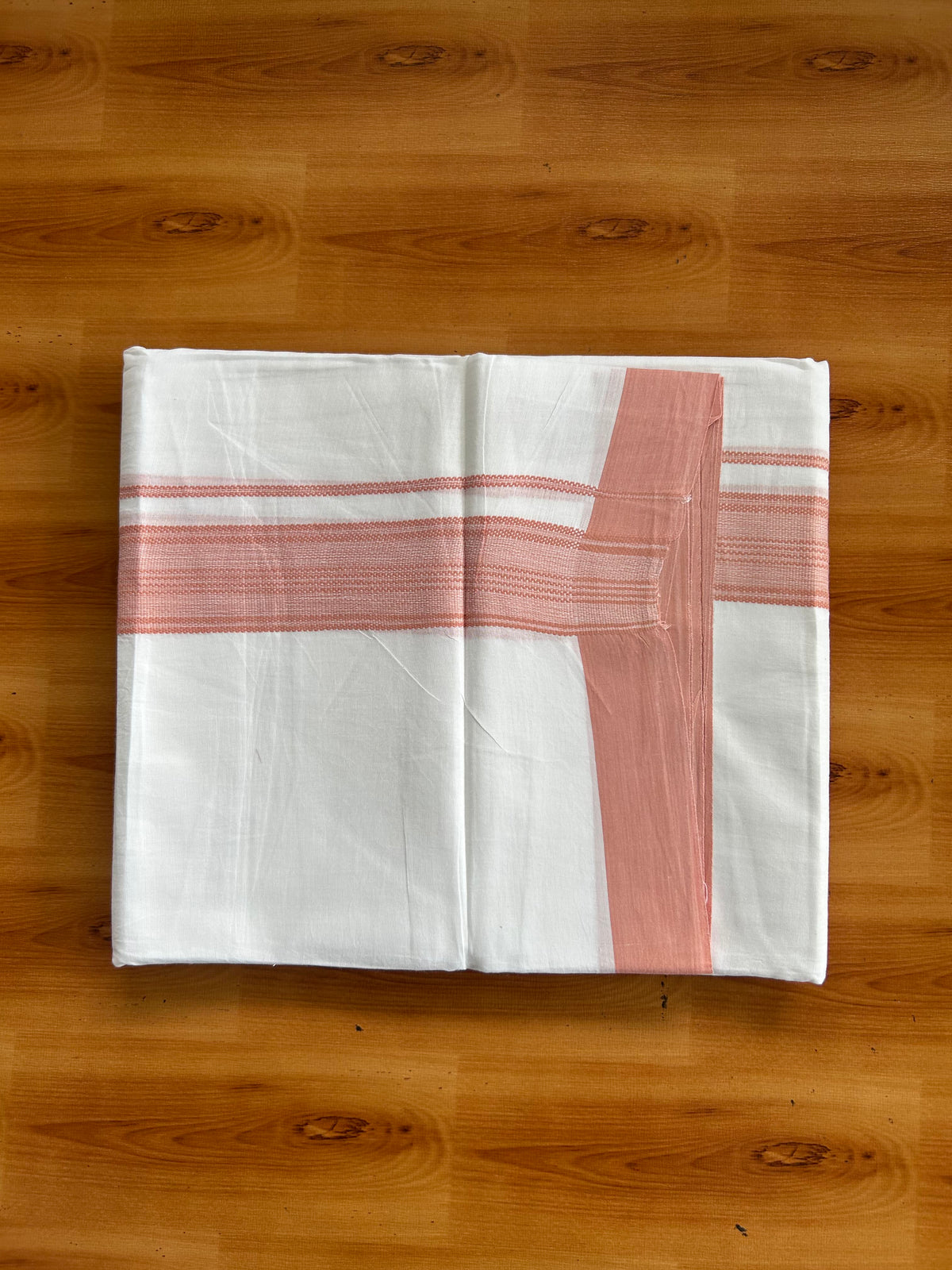 Pure White Double Mundu/Dhoti - 20% Discount ! Kaitharikada 100% Cotton - 100x80 - 1.75 inch Dark Peach Striped Kara 3.80 mtr (8 muzham) - 11 KK5558 THI