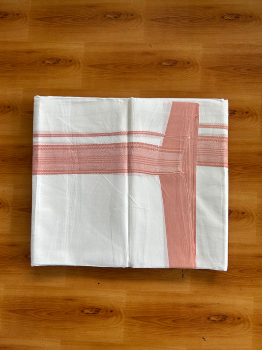 Pure White Double Mundu/Dhoti - 20% Discount ! Kaitharikada 100% Cotton - 100x80 - 1.75 inch Dark Peach Striped Kara 3.80 mtr (8 muzham) - 11 KK5558 THI