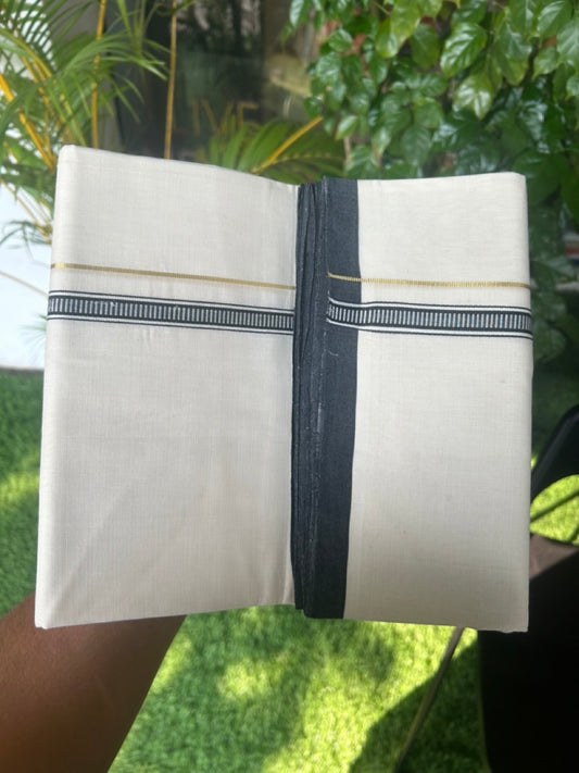 25% DISCOUNT!! KaithariKada HANDLOOM  UNAKKUPAAV Balaramapuram - 100% PURE Cotton OFF White - (Unbleached) Double Mundu/Dothi -  PURE KASAVU 1.5 cm Black pattern kara 3.90 meter (8.5 Muzham) - 31KK5167REA
