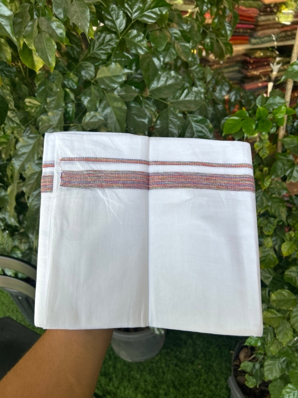 20% Discount ! Kaitharikada Balaramapuram 100% Cotton Pure White Double Rainbow Mundu/Dothi - 100x80 - 0.75 inch Multi colour Kara 3.80 mtr (8 muzham) - 26 KK5299 THI