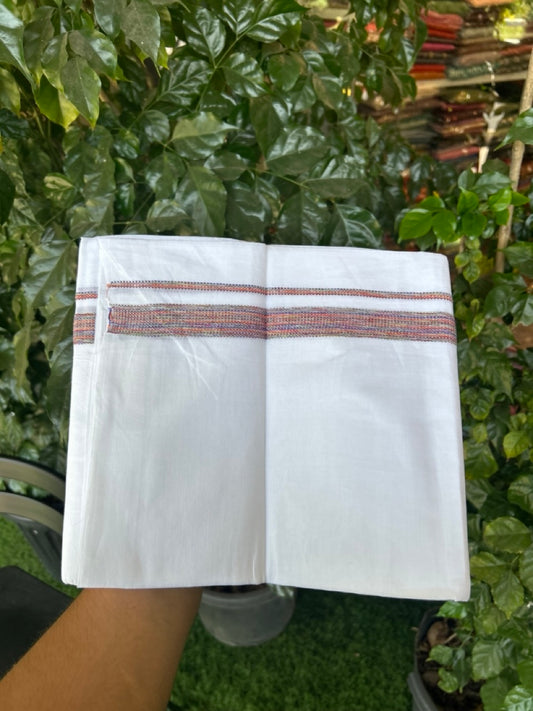 20% Discount ! Kaitharikada Balaramapuram 100% Cotton Pure White Double Rainbow Mundu/Dothi - 100x80 - 0.75 inch Multi colour Kara 3.80 mtr (8 muzham) - 26 KK5299 THI