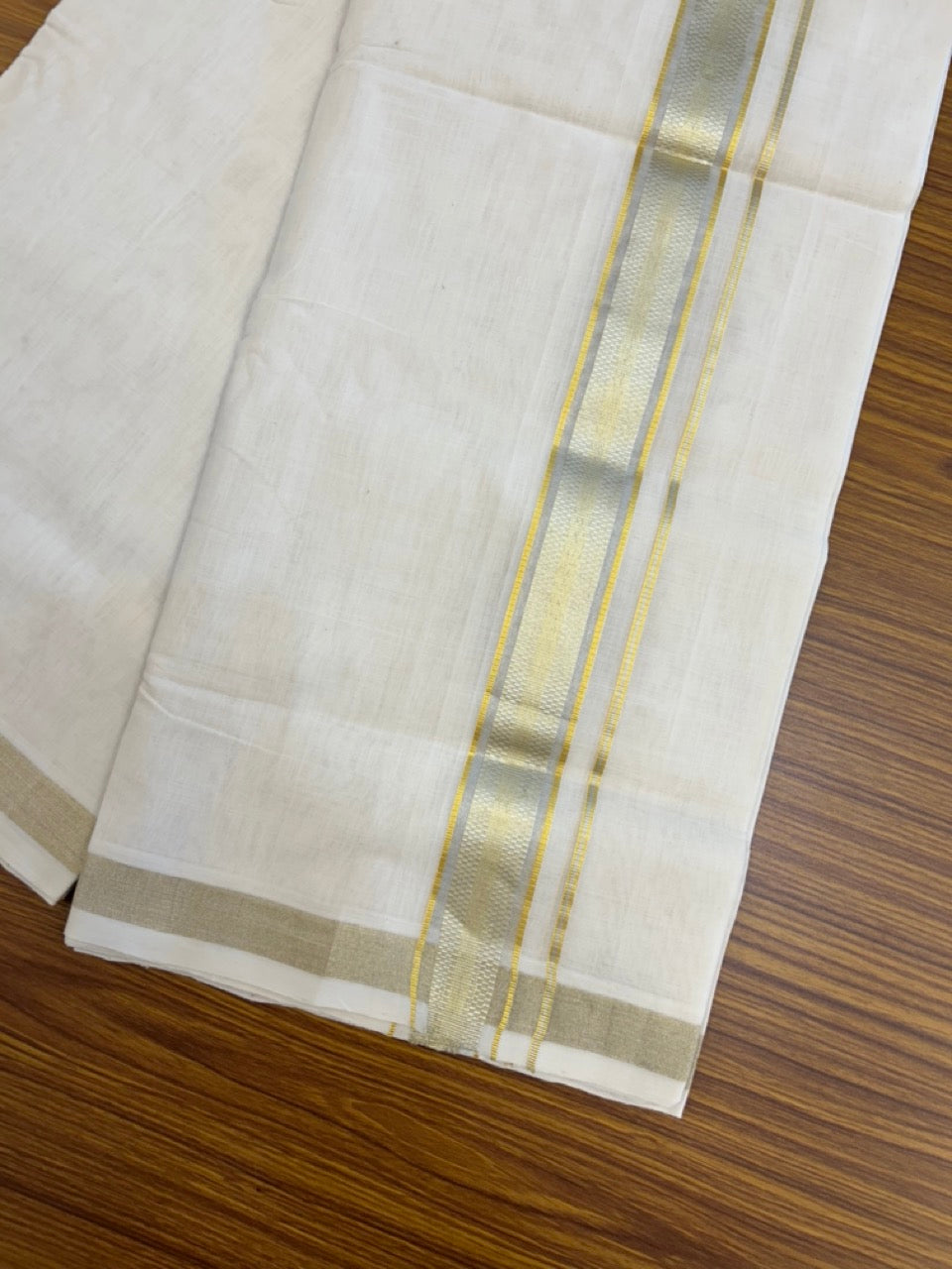 25% Discount ! KaithariKada HANDLOOM UNAKKUPAAV Balaramapuram - 100% PURE Cotton Off White - (Unbleached) Double Mundu/Dhoti - 80X90 - 1.5 inch Gold Kasavu & Silver Kasavu Jacquard Kara 4 mtr (8.5 muzham) - 50 KK5234 RAM