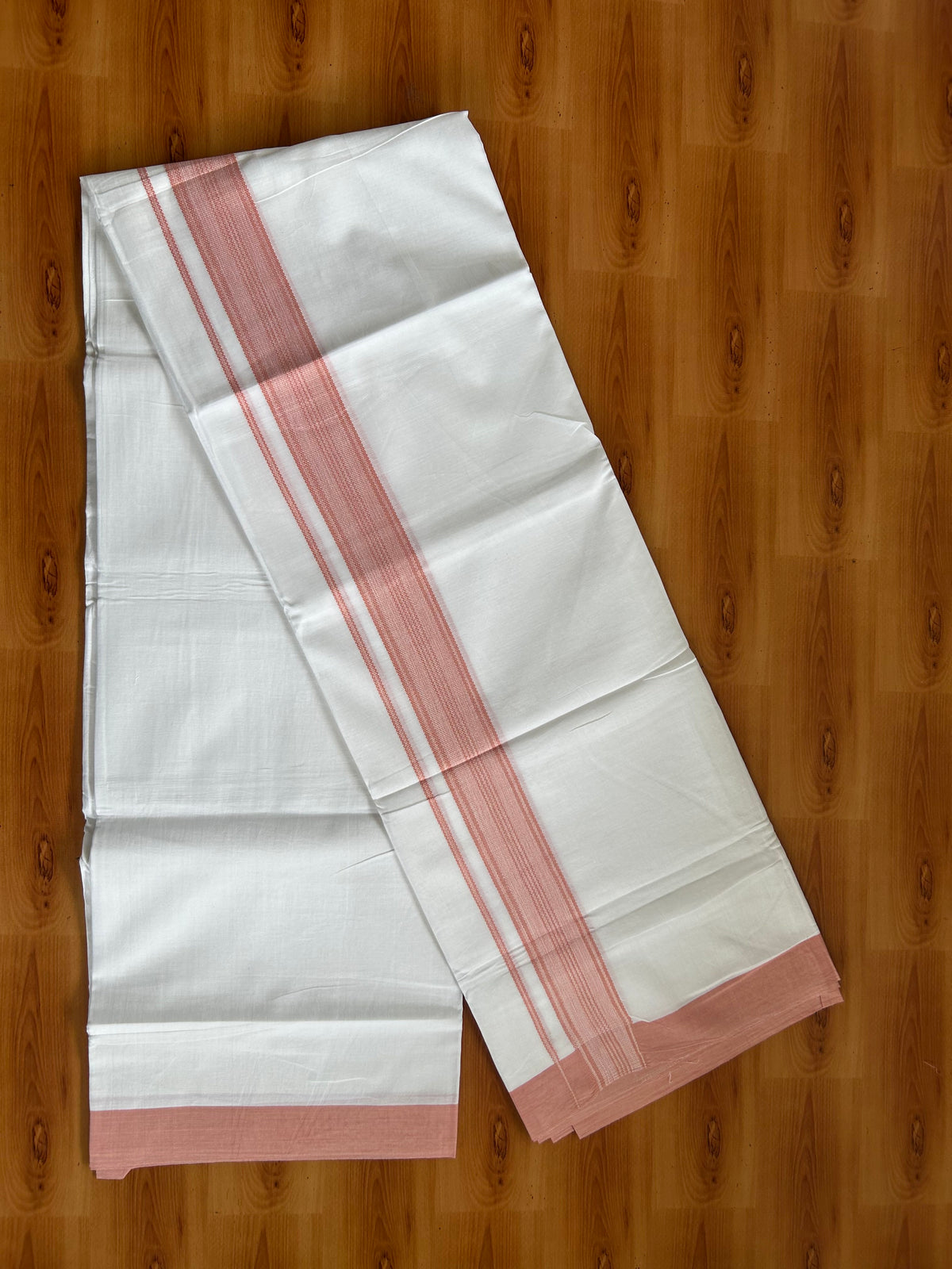 Pure White Double Mundu/Dhoti - 20% Discount ! Kaitharikada 100% Cotton - 100x80 - 1.75 inch Dark Peach Striped Kara 3.80 mtr (8 muzham) - 11 KK5558 THI