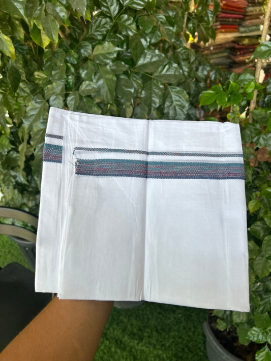 20% Discount ! Kaitharikada Balaramapuram 100% Cotton Pure White Double Rainbow Mundu/Dothi - 100x80 - 0.75 inch Navy Blue & Ocean Blue Multi colour Kara 3.80 mtr (8 muzham) - 22 KK5299 THI