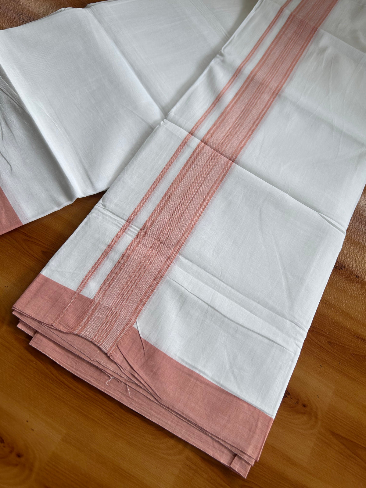 Pure White Double Mundu/Dhoti - 20% Discount ! Kaitharikada 100% Cotton - 100x80 - 1.75 inch Dark Peach Striped Kara 3.80 mtr (8 muzham) - 11 KK5558 THI