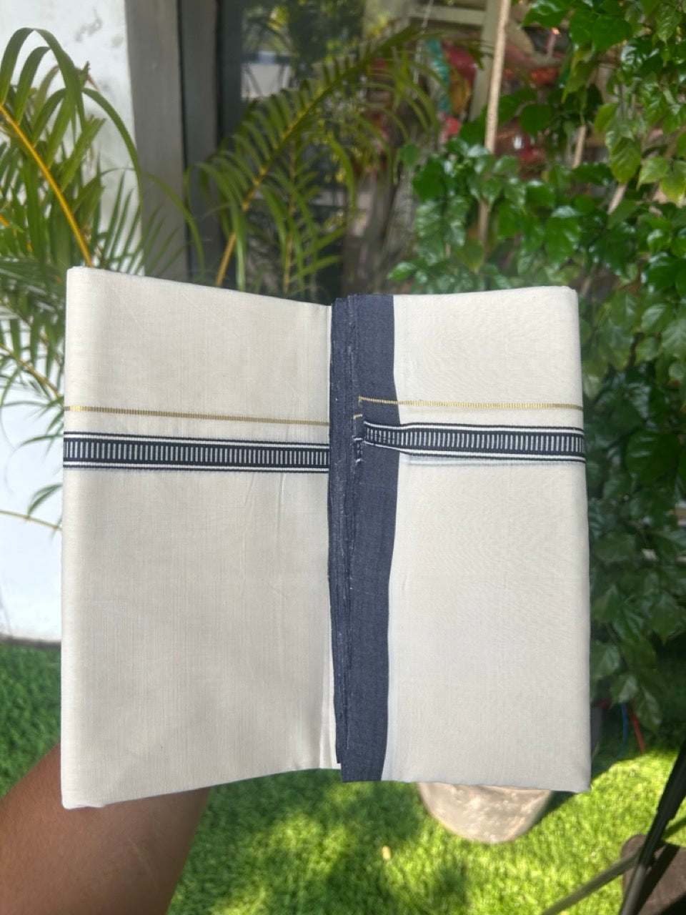 25% DISCOUNT!! KaithariKada HANDLOOM  UNAKKUPAAV Balaramapuram - 100% PURE Cotton OFF White - (Unbleached) Double Mundu/Dothi - 100x100 - PURE KASAVU 0.5 inch Navy blue pattern kara 3.80 meter (8.5 Muzham) - 28KK5167REA