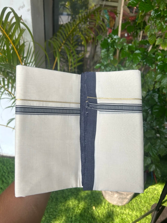 25% DISCOUNT!! KaithariKada HANDLOOM  UNAKKUPAAV Balaramapuram - 100% PURE Cotton OFF White - (Unbleached) Double Mundu/Dothi -  PURE KASAVU 0.5 inch Navy blue pattern kara 3.90 meter (8.5 Muzham) - 28KK5167REA