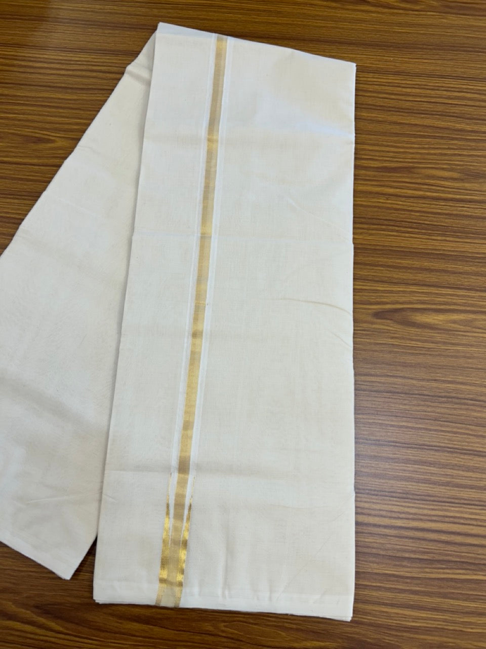 25% Discount! KaithariKada HANDLOOM MILLPAAV Balaramapuram - 100% PURE Cotton OFF White Double - (Unbleached) Mundu/Dothi - 80X90 - 1 inch Puliyilakkara Gold Kasavu chutty Kara 4 mtr (8.5 Muzham)- 51 KK5234 RAM