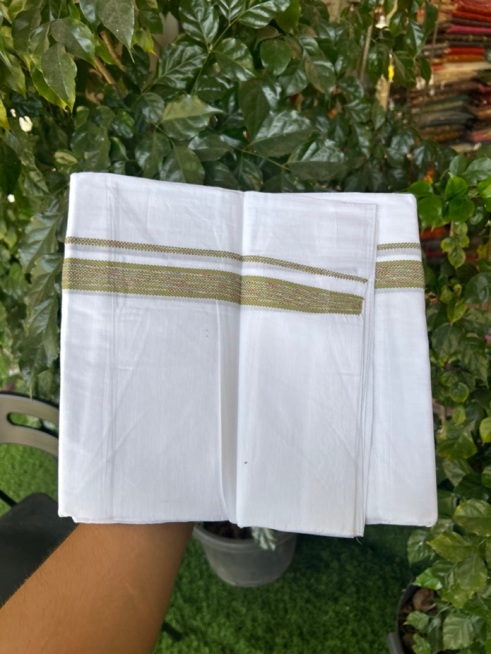 20% Discount ! Kaitharikada Balaramapuram 100% Cotton Pure White Rainbow Double Mundu/Dothi - 100x80 - 0.75 inch Light Green & Multi colour Kara 3.80 mtr (8 muzham) - 38 KK5299 THI