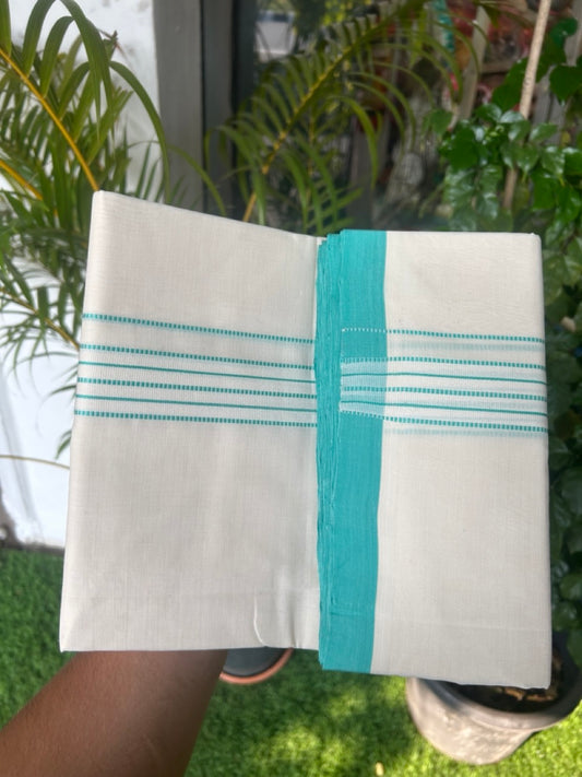 25% DISCOUNT!! KaithariKada HANDLOOM  UNAKKUPAAV Balaramapuram - 100% PURE Cotton OFF White - (Unbleached) Double Mundu/Dothi - 1.25 inch Turquoise blue stripes pattern kara 3.90 meter (8.5 Muzham) - 17KK5167REA