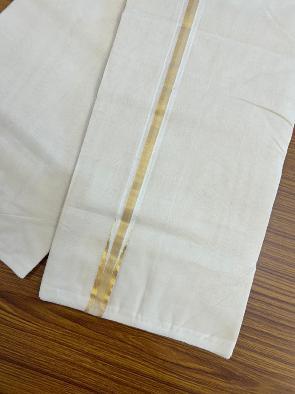 25% Discount! KaithariKada HANDLOOM MILLPAAV Balaramapuram - 100% PURE Cotton OFF White Double - (Unbleached) Mundu/Dothi - 80X90 - 1 inch Puliyilakkara Gold Kasavu chutty Kara 4 mtr (8.5 Muzham)- 51 KK5234 RAM
