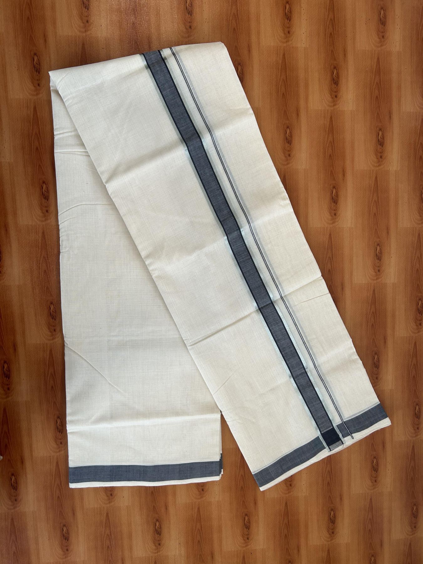 Double Off White (Unbleached)  Mundu/Dhoti- 25% Discount KaithariKada Handloom Unakkupaav - Kerala Handloom - 100% Pure Cotton (100x80) - 1 Inch Silver Kasav & Greyish Navy Blue Shaded Kara 3.80 mtr (8 muzham) - 4 KK5397 ELA