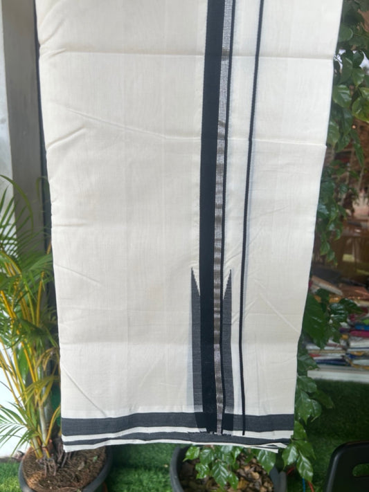 25% DISCOUNT!! KaithariKada HANDLOOM  UNAKKUPAAV Balaramapuram - 100% PURE Cotton OFF White - (Unbleached) Double Mundu/Dothi - 120 Twisted X 100 - 1.5 inch Silver kasavu stripes Black Puliyilakkara chutty 3.90 meter (8.5 Muzham) - 23KK5167REA