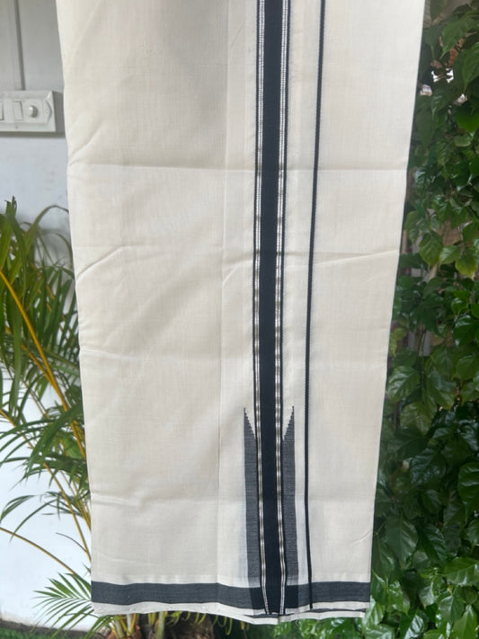 25% DISCOUNT!! KaithariKada HANDLOOM  UNAKKUPAAV Balaramapuram - 100% PURE Cotton OFF White - (Unbleached) Double Mundu/Dothi - 120 Twisted X 100 - 1.5 inch Silver kasavu stripes Black Puliyilakkara chutty 3.90 meter (8.5 Muzham) - 24KK5167REA