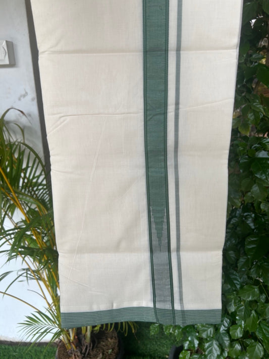 25% DISCOUNT!! KaithariKada HANDLOOM  UNAKKUPAAV Balaramapuram - 100% PURE Cotton OFF White - (Unbleached) Double Mundu/Dothi - Puliyilakkara 1 inch Green & Light grey striped chutty 3.90 meter (8.5 Muzham) - 10KK5167REA