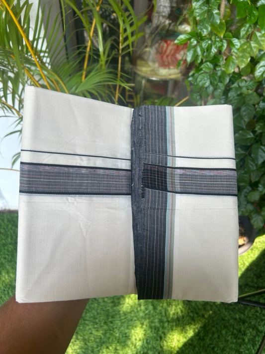 25% DISCOUNT!! KaithariKada HANDLOOM  UNAKKUPAAV Balaramapuram - 100% PURE Cotton OFF White - (Unbleached) Double Mundu/Dothi - 1.25 inch Black shaded & Multi colour stripes kara 3.90 meter (8.5 Muzham) - 18KK5167REA