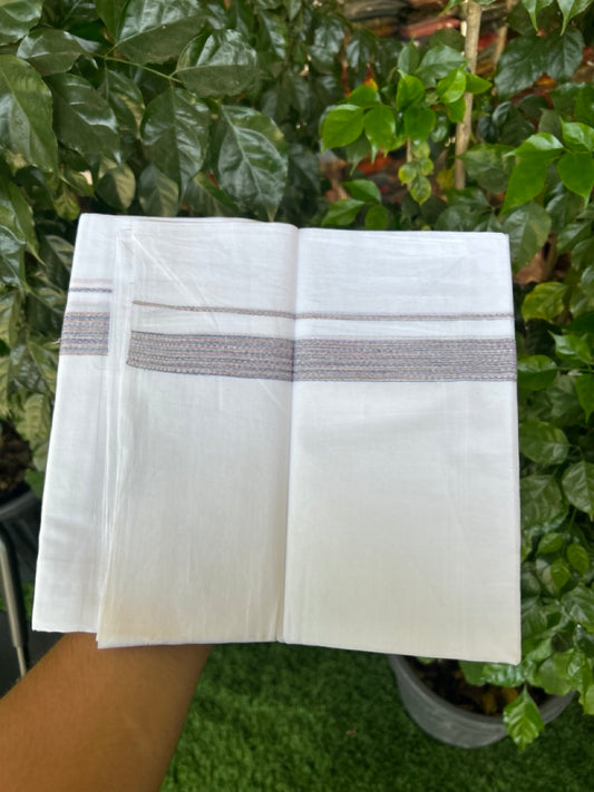 20% Discount ! Kaitharikada Balaramapuram 100% Cotton Pure White Rainbow Double Mundu/Dothi - 100x80 - 0.75 inch Blue & Multi colour Kara 3.80 mtr (8 muzham) - 35 KK5299 THI