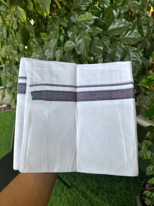 20% Discount ! Kaitharikada Balaramapuram 100% Cotton Pure White Rainbow Double Mundu/Dothi - 100x80 - 0.75 inch Peacock Blue & Multi colour Kara 3.80 mtr (8 muzham) - 39 KK5299 THI