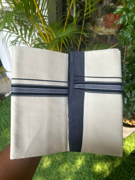 25% DISCOUNT!! KaithariKada HANDLOOM  UNAKKUPAAV Balaramapuram - 100% PURE Cotton OFF White - (Unbleached) Double Mundu/Dothi - 1 inch Navy Blue & White pattern kara 3.90 meter (8.5 Muzham) - 14KK5167REA