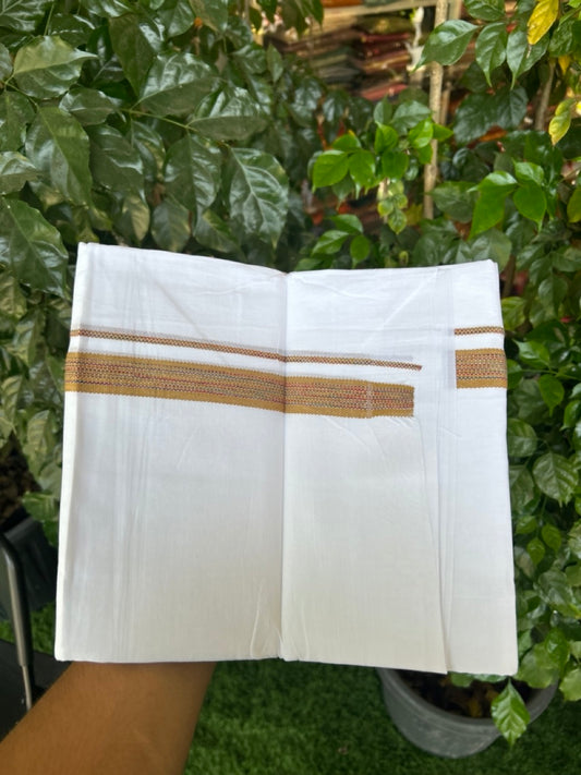 20% Discount ! Kaitharikada Balaramapuram 100% Cotton Pure White Rainbow Double Mundu/Dothi - 100x80 - 0.75 inch Yellowish Brown & Multi colour Kara 3.80 mtr (8 muzham) - 40 KK5299 THI