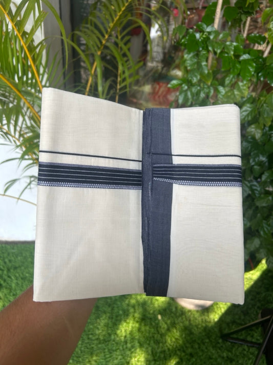 25% DISCOUNT!! KaithariKada HANDLOOM  UNAKKUPAAV Balaramapuram - 100% PURE Cotton OFF White - (Unbleached) Double Mundu/Dothi - 1 inch Navy Blue & White pattern kara 3.90 meter (8.5 Muzham) - 15KK5167REA