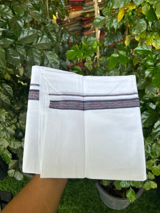 20% Discount ! Kaitharikada Balaramapuram 100% Cotton Pure White Rainbow Double Mundu/Dothi - 100x80 - 0.75 inch Navy Blue & Multi colour Kara 3.80 mtr (8 muzham) - 37 KK5299 THI