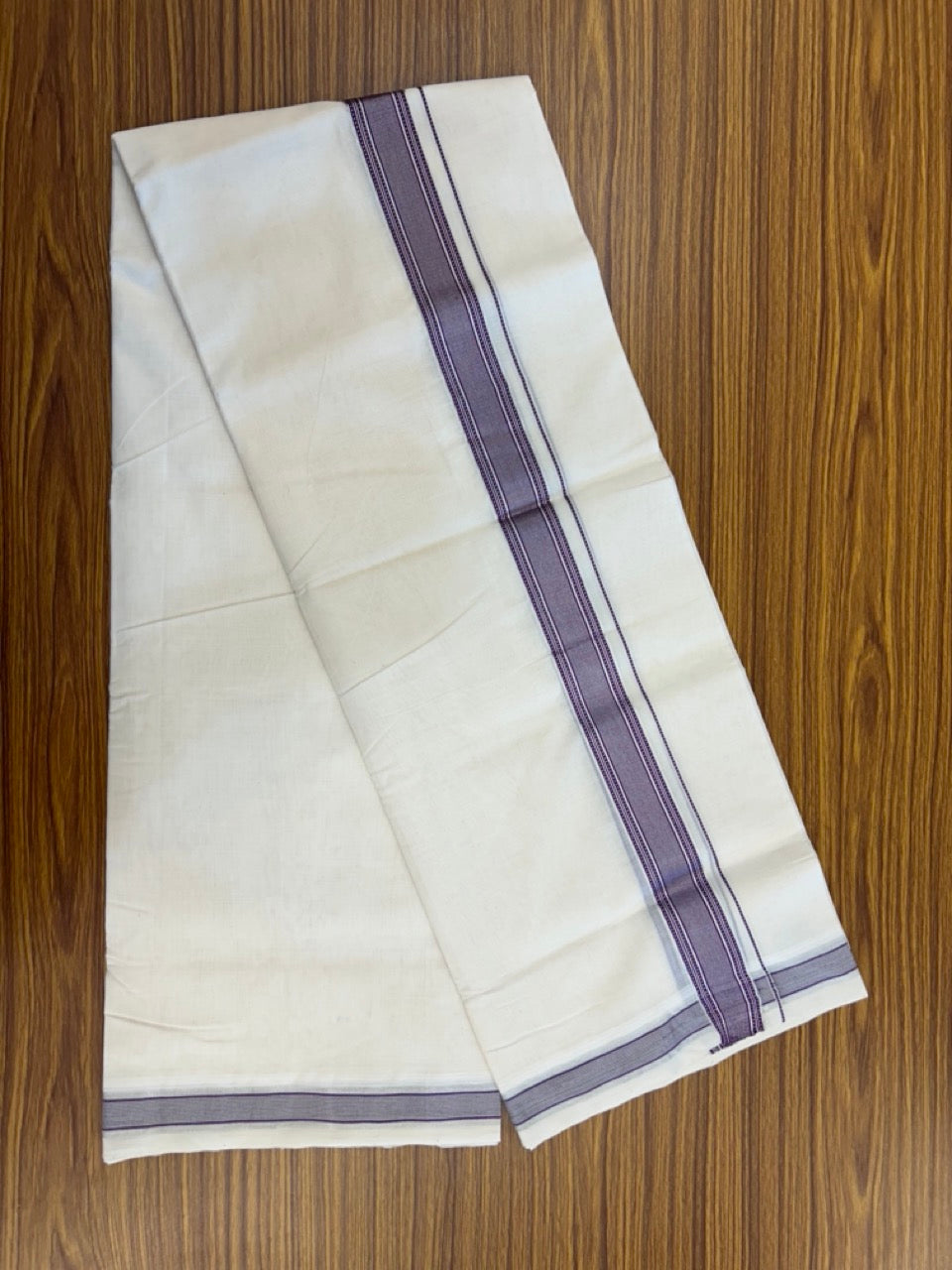 25% DISCOUNT!! KaithariKada HANDLOOM UNAKKUPAAV Balaramapuram - 100% PURE Cotton OFF White Double - (Unbleached) Mundu/Dothi - 1.5 Inch Silver Kasav & Violet Stripes kara 4 mtr (8.5 muzham) - 54 KK5234 RAM