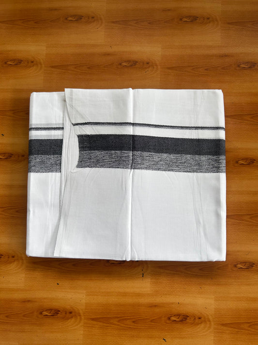 Pure White Double Mundu/Dhoti - 20% Discount ! Kaitharikada 100% Cotton - 100x80 - 1.75 inch Black Striped Kara 3.80 mtr (8 muzham) - 13 KK5558 THI