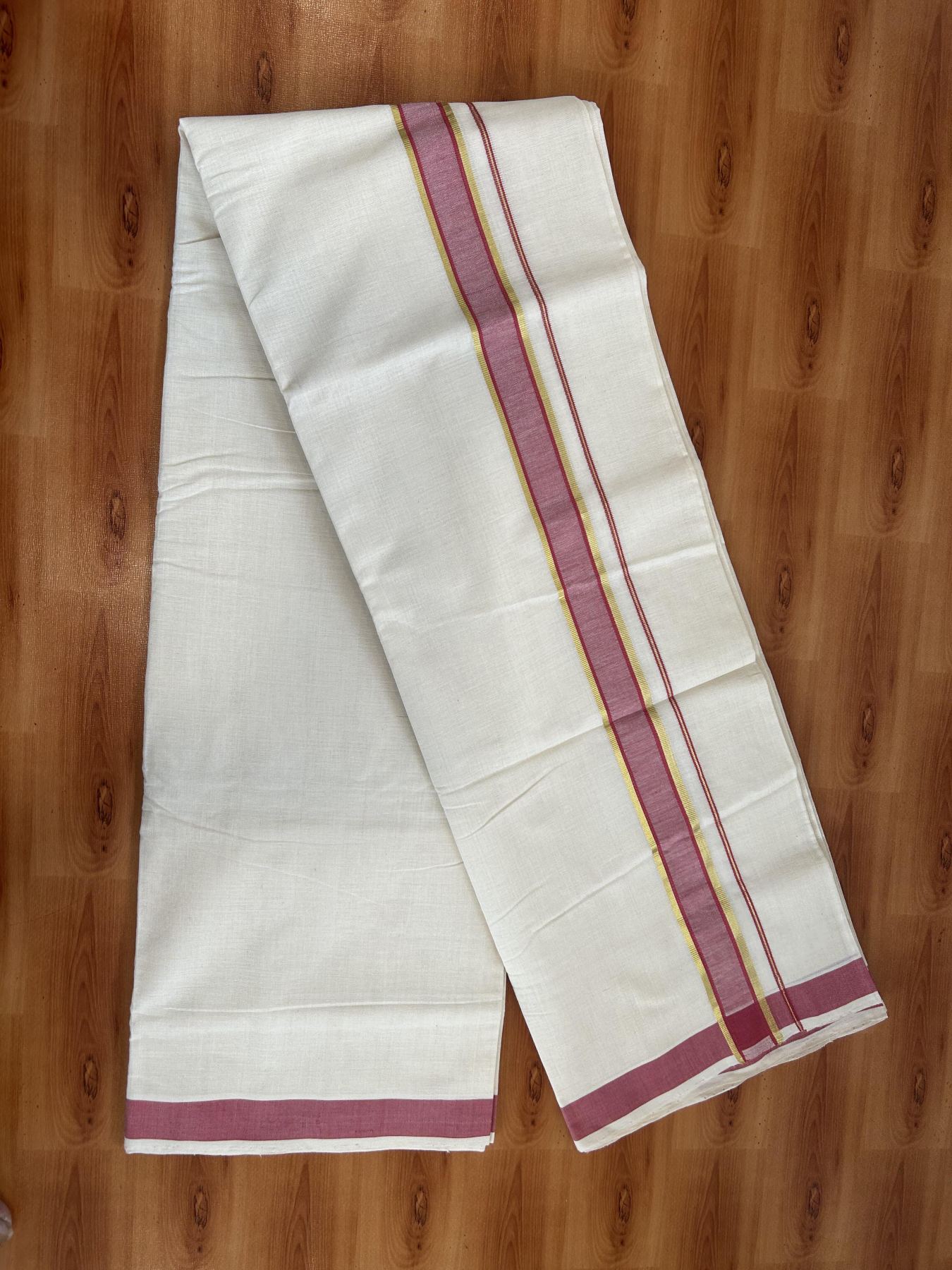 Double Off White (Unbleached)  Mundu/Dhoti- 25% Discount KaithariKada Handloom Unakkupaav - Kerala Handloom - 100% Pure Cotton (100x80) - 1 Inch Gold Kasav & Reddish Pink Shaded Kara 3.80 mtr (8 muzham) - 5 KK5397 ELA
