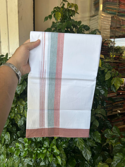 20% Discount ! Kaitharikada Balaramapuram 100% Pure Cotton Double Pure White Mundu/Dhoti - 100x80 - 1.5 inch Brick Red & Green Shaded Stripes Chutty 3.90 mtr (8 muzham) - 97 KK5361 PMC